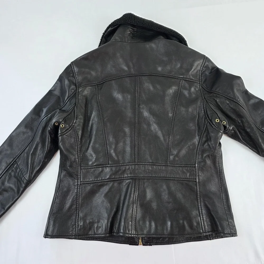 Michael Kors Jacket Womens XL Black Leather Moto Full Zip Sherpa Collar Lined